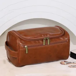 FUDEAM 가죽 남성 비즈니스 휴대용 저장 가방 세면 도구 주최자 여성 여행 화장품 가방 교수형 방수 워시 파우치 240329