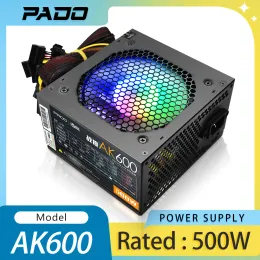 공급 AIGO AK 600 PC PSU 500W 전원 공급 장치 장치 블랙 게임 조용한 PADO 120mm RGB 팬 24PIN 12V ATX ​​데스크탑 컴퓨터 전원 공급 장치