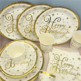 Guld Happy Birthday Paper Plates Cups servetter TABLEDduk halm engångsbordsartiklar Kids för vuxen födelsedagsfest servis leverans