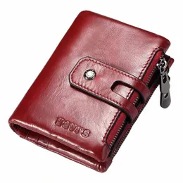 Kavis Women Wallets RFID本物のレザーバイフォールドマルチカードホルダーHasp Zipper Small Coin Pocket fi Red Ladies Mey Purse B6FV＃