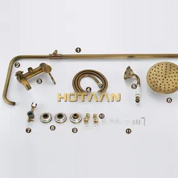 Antique Brass Wall Mounted Mixer Valve Rainfall Shower Faucet Complete Sets + 8" Brass Shower Head + Hand Shower + Hose YT-5326