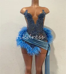 Custom Blue Baddies Prom Kleider mit Federzug sexy Mini kurz Abend Kleid Perlen Kristall Cocktail Kleid Schwarze Frauen formelle Dinnerpartykleider Vestios Galas