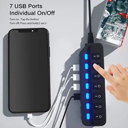 Hubs USB Hub 3.0 Splitter, от 1 до 7 портов USB -концентратор данных с индивидуальными выключателями и светильниками для ноутбука, ПК, компьютера