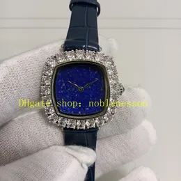 Real Photo Women Diamond Watches Ladies 30mm Blue Dial du diamant 13a386 Rostfritt stål läderarmband kvarts rörelse avslappnad klänning formell kvinnors klocka