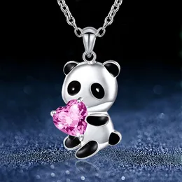 Adorabile collana di panda zirconia cubica a forma di cuore rosa per bambini - collana a ciondolo in stile cinese