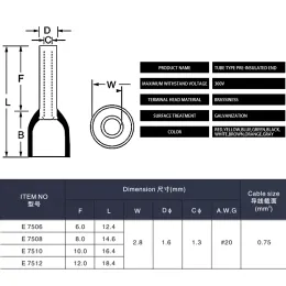 100st Tube E7506 E7508 E7510 E7512 Isolerade ferrules Terminal Block Cord End Wire Connector AWG 20 0,75mm2 Crimp Terminales