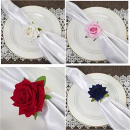 6st Red Rose Shape Hantverk Handduk Buckla Servett Ring Bröllopsfest Valentins dag Hotellbord Dekor Metall Guld Servikarhållare