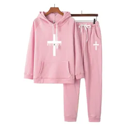 2022 Frauen Set Cross Glauben Sie zweiteilige Tracksanzuse Top+Pant Suits Hoodie Pullover Sweatshirt Taschen Ensemble Anzug Plus Größe