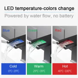 DOOKOLE LED Waterfall Bathroom Basin Faucet, Single Handle Cold Hot Water Mixer Sink Tap RGB Color Change Powered by Water Flow