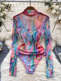 Singreiny American Retro Tie Boya Baskı Playsuits Stand yaka uzun kollu ince sanatsal üst açık kasık örtü seksi bodysuits 240408