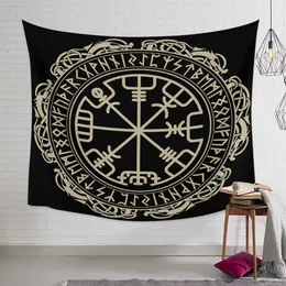 Goblen mandala ev dekoru siyah viking büyülü runik pusula vegvisir is Norse Runes Dairesi Hapentiler Yatak Odası