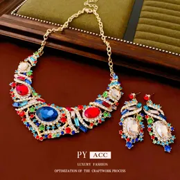 Conjunto de brinco oval embutido de diamante colorido, luz leve, moda e sofisticada, cadeia de clavícula, temperamento exagerado, decoração de colar