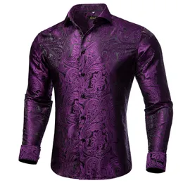 Luxury Silk Polyester Casual Shirts For Men Long Sleeve Blus Prom Tuxedo Formal Purple Paisley Designer Men kläder 240430