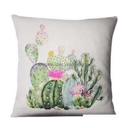Cushion/Decorative Pillow Watercolour Africa Green Tropical Cactus Plant Printed Linen Cotton Pillowcase Home Room Sofa Decorative C Dhjlq