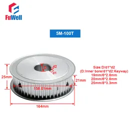 HTD5M-100T Timing Pulley 21mm Belt Width Gear Belt Pulley Keyway Type 100Teeth 19/20/25mm Bore Aluminum Alloy Synchronous Pulley