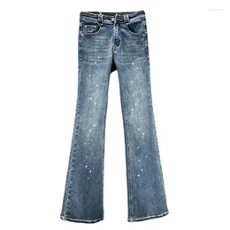 Jeans femininos Skinny Flare for Women 2024 Spring Elastic High Casting Slim Fit Slimming European Bens de Rhinestone Map calças