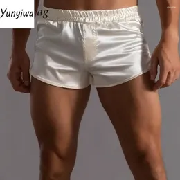 Shorts masculinos pijamas homens dormem roupas íntimas sexy cetim de seda slim bief masswear homewear macio sufriable roupas de noite boxeador curto calça