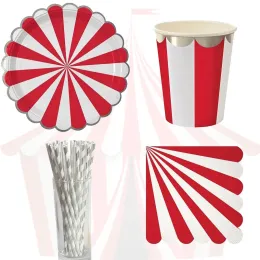 Carta da circo tavoli usa e getta piatti a strisce rosse tazze di compleanno per feste di compleanno per le decorazioni natalizie abbronzanti