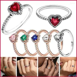 Cluster Rings 925 Silver Elevated Red Heart Ring For Women Zircon Design Original Sparkling Festival Jewelry Gift