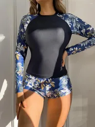 Menas de banho feminina 2024 Mulheres de maiô floral de duas peças surfando shorts de manga longa banhistas de roupas de praia femininas banhando de banho de natação