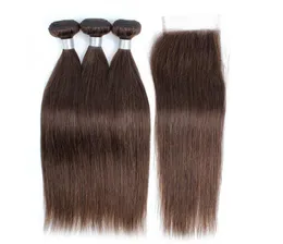 Kiss Hair Color 4 Chocolate Brown Straight Hair 3 Bunds With Lace Closure Raw Virgin Indian Remy Human Hair Extensions7505952