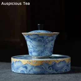 Boutique Retro Blue and White Ceramics Gaiwan kinesiska handgjorda hushåll Puer Kung Fu Tea Set Tea Ceremony Accessories Drinkware