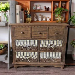 Vintage Solid Wood Nightstand Rustic American Bedside Table With Rattan Cabinet Simplistic Drawer Lagring Elegant sovrum