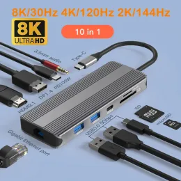 Stations 8K USB C Laptop Docking Station 10in1 MST USB 3.0 RJ45 PD DP HDMI 4K 120Hz 2K 144Hz Hub for Macbook HP DELL Surface Lenovo