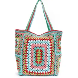 HBP Bunte gestrickte Einkaufstasche Bohemian Umhängetasche Strandtasche Frauen Handtasche Wochenendreise Tasche Großer Kapazität Einkaufstasche Strickeinkaufstasche Hochqualität