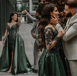 Hunter Emerald Green Abend formelle Kleider 2024 Luxus Langarm Perlen Spitze sexy Schlitz arabischer Anlass für Abschlusskleid mit Überwachung