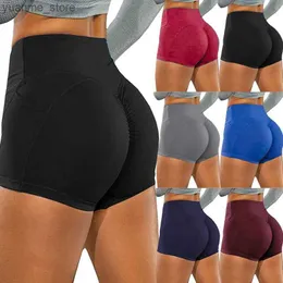 Yoga Roupfits Sportswear Woman ginástica shorts de ioga Cantura alta Push Up Up Sports Sports Pocket Fitness Lady Ladyless Yoga Workout Shorts Y240410