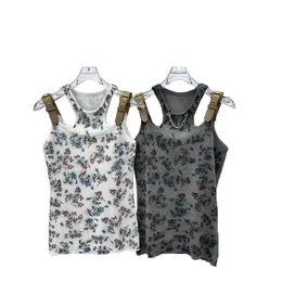 Vintage Floral Örgü Yelek Şık Deri Toka Strap Tap Tase Tasarımcı Tank Top Seksi İnce Uygun Tanklar Tee Kadın Tee Tee