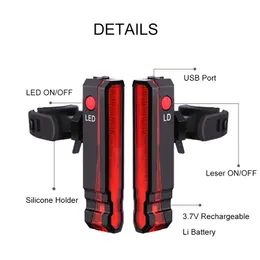 1 peça/2 PCs Luz traseira de bicicleta USB 5 LED Bicycle Taillight 3 Modos Modos Ciclismo Segurança de Segurança de Aviso Back luz