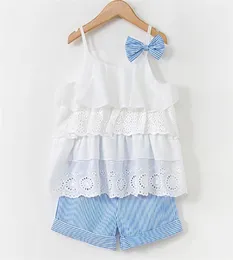 Girl039s kläder sommarbarn bow spetsar sling tshirtstriped korta byxor sätter barn ärmlösa kläder 37t 2108045046372