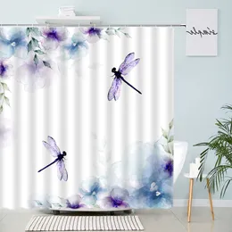 Abstract Blue Purple Floral Dragonfly Shower Curtain Tropical Plant Creative Mid Century Ocean Landscape Bathroom Decor Curtains