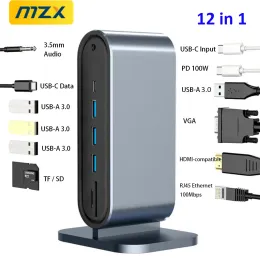 Hubs mzx 12 in 1 yerleştirme istasyonu Tipo C Tip USB Hub 3 0 2 Extensor Ayırtıcı Adaptörü HDMICompatible Rj45 Dock
