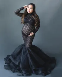 Dantel annelik elbisesi fotoğraf çekimi için elbise hamile kadınlar uzun kollu siyah balıkçı yaka fotoğrafçılığı elbiseler hamilelik elbise