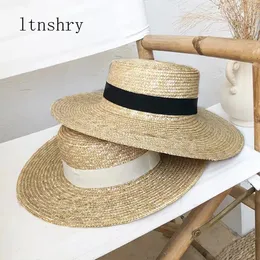 여성 자연 밀짚 모자 리본 넥타이 9cm Brim Boater Derby Beach Sun Cap Lady Summer Wide Protect Hats 240410