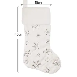 Calze di Natale, calze a sospensione di peluche bianche con fiocchi di neve con paillettes per casa