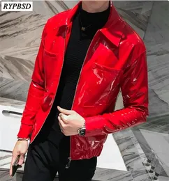 Red Pu Faux Leather Outerwear Moda casual Manga longa Turn Down Collar Zipper Biker Jacket Men Black M3XL C11038034413