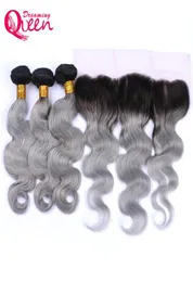 1b onda de corpo cinza ombre ombre brasilões de cabelo virgem humano 3 pcs com 13x4 ouvido a orelha de renda frontal com cabelos de bebê pré -explodido4379689