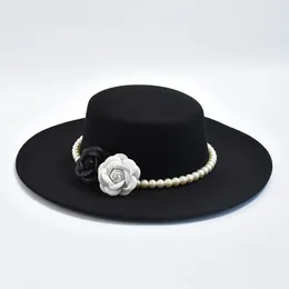 French Style Fedora Hat for Women 10cm Wide Brim Flat Top Filt Winter Autumn Derby Wedding Jazz Hats 240410