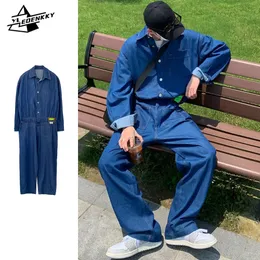 Last denim jumpsuits män kvinnor koreanska hip-hop lossa set ins high street överdimensionera par jeans höst casual mode jumpsuits 240403