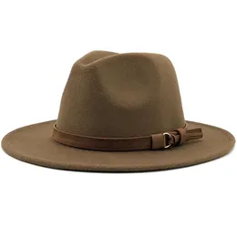 Solid Color Fedora Hats med Brown Belt Elegant Women Party Church Top Hat Men Wide Brim Jazz Panama Felt Cap Sombreros de Mujer 240410