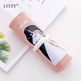 قضية قلم رصاص Unicorn Roll for Girls Canvas School Pencilcase Storage Bag Box Pen Supplies Supplies Material Escolar