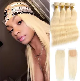 Indian Virgin Hair 4 Bundles With 4X4 Lace Closure Baby Hair Straight Human Hair Extensions 613 Blonde Light Color 5 Pieces Ruyib5608340