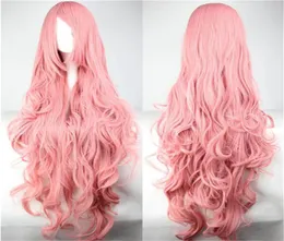 Kadınlar Harajuku saç peruk ombre pastel uzun pembe dalgalı peruklar eğik patlamalar 100cm cosplay ısıya dayanıklı sentetik peruklar7516778