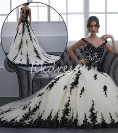 Vintage White Black Lace Wedding Dress 2024 Sheer Neck Appliciques Lace Country Garden Bridal Dress A Line Sweep Train Gothic Boho Bride Dress Vestidos Novias Boda