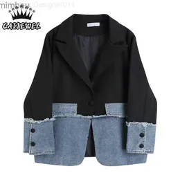 Frauenanzüge Blazer Streetwear Koreanische Mode Frauen Patchwork Denim Blazer Mantel Sinn für Design Baggy Senior weibliche Tops ETS Outwear C240410