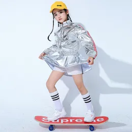 어린이 힙합 댄스 의상 소년 소녀 밝은 가죽 Pu 실버 컬러 긴 슬리브 재킷 코트 바지 정장 거리 댄스 의상